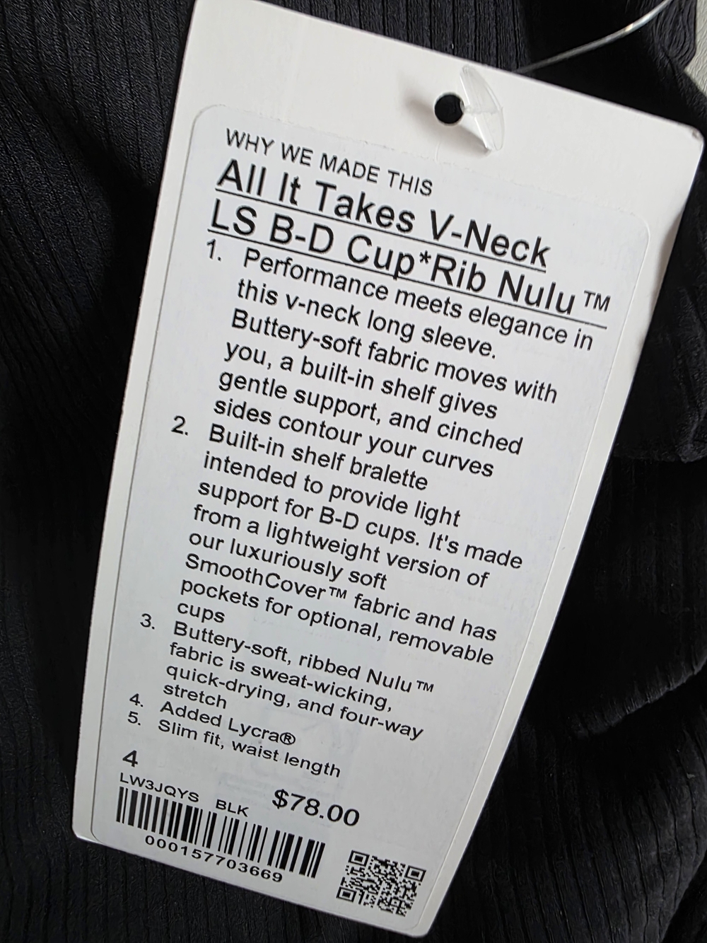 Lululemon All It Takes Ribbed Nulu V-Neck Long Sleeve Top Built In Bra - Black 4 - Picture 3 of 10